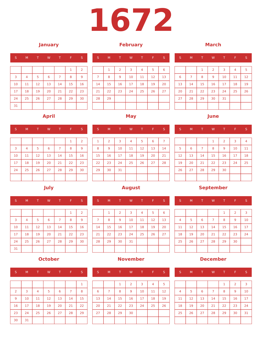 Printable 1672 Year Calendars red