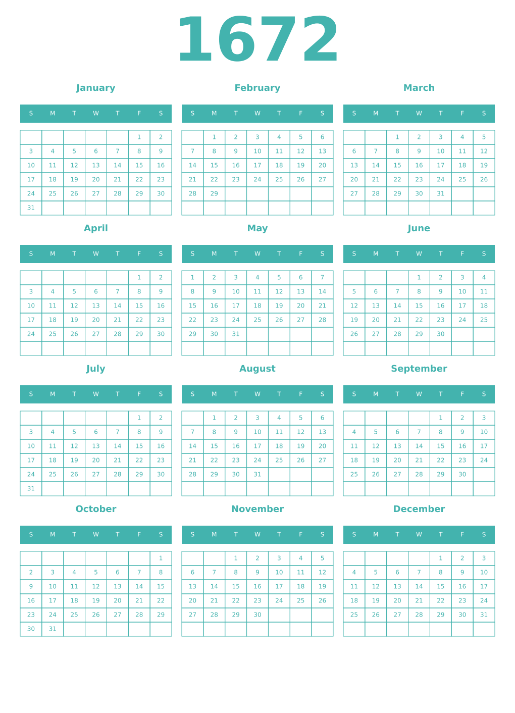 Printable 1672 Year Calendars verdigris