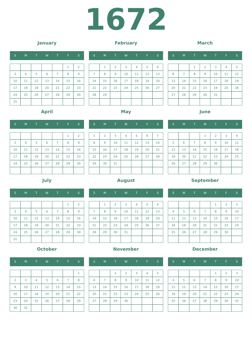 Printable 1672 Year Calendars viridian