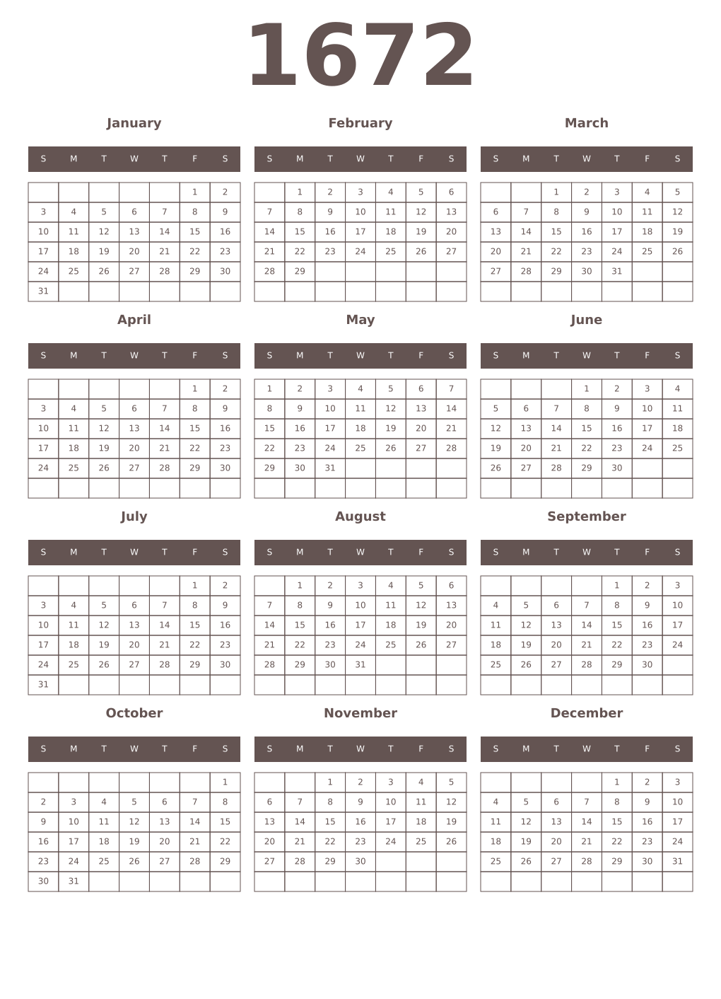 Printable 1672 Year Calendars wenge