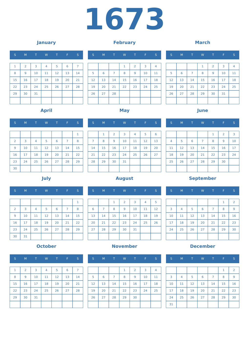 Printable 1673 Year Calendars blue