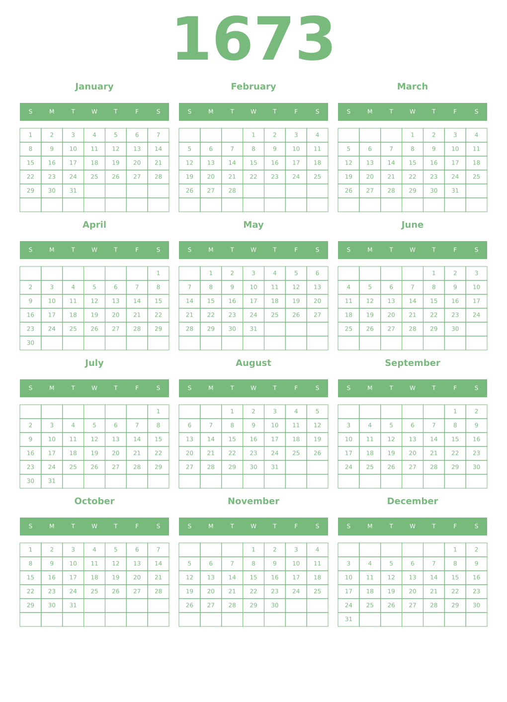 Printable 1673 Year Calendars celadon