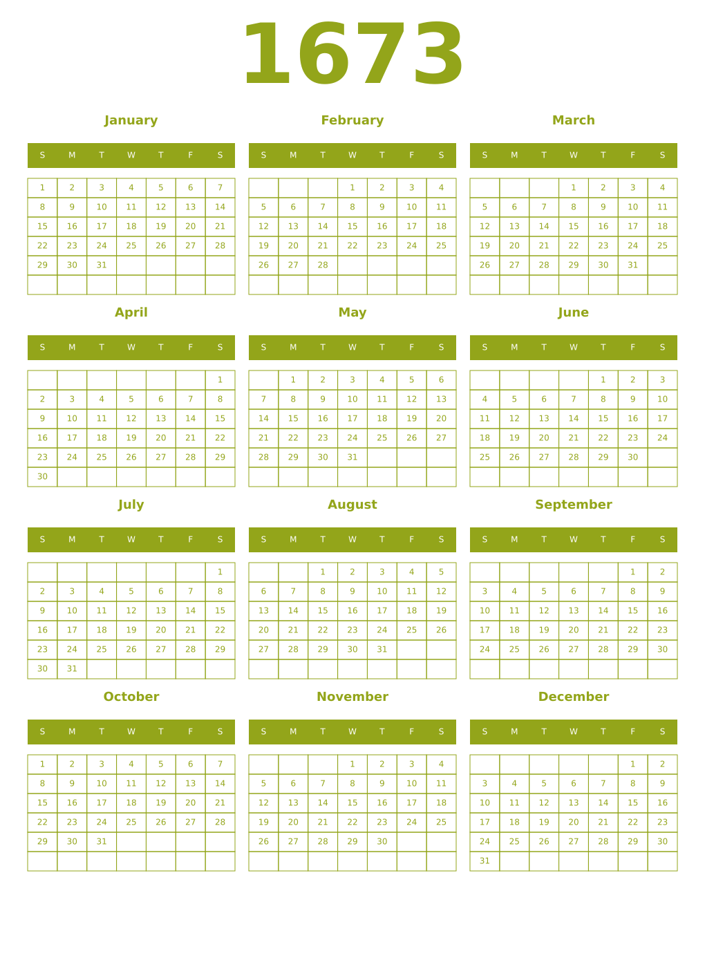 Printable 1673 Year Calendars chartreuse