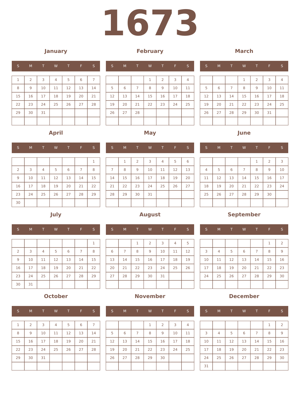 Printable 1673 Year Calendars coffe