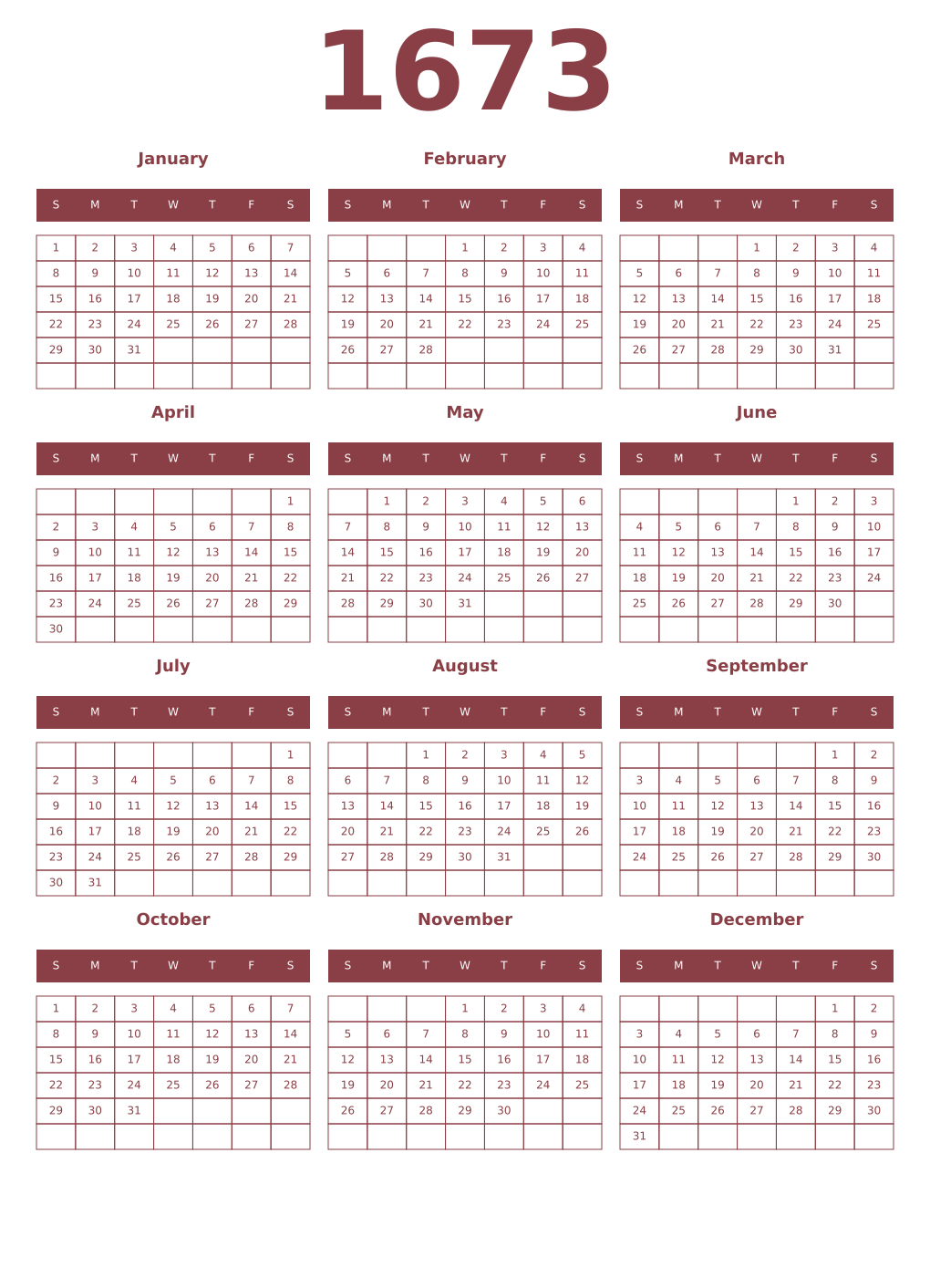 Printable 1673 Year Calendars cordovan