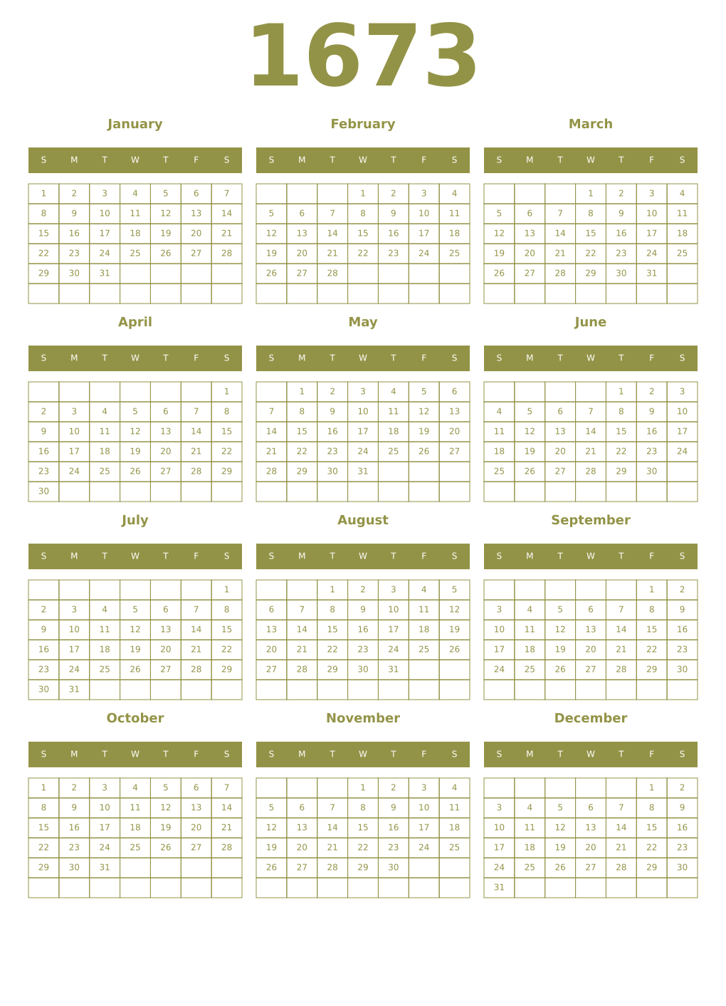 Printable 1673 Year Calendars eburnean
