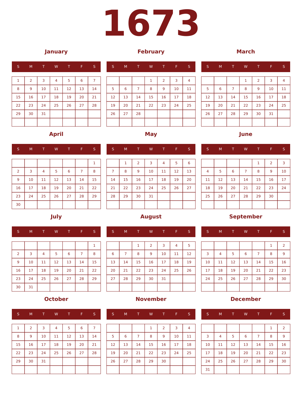 Printable 1673 Year Calendars falu
