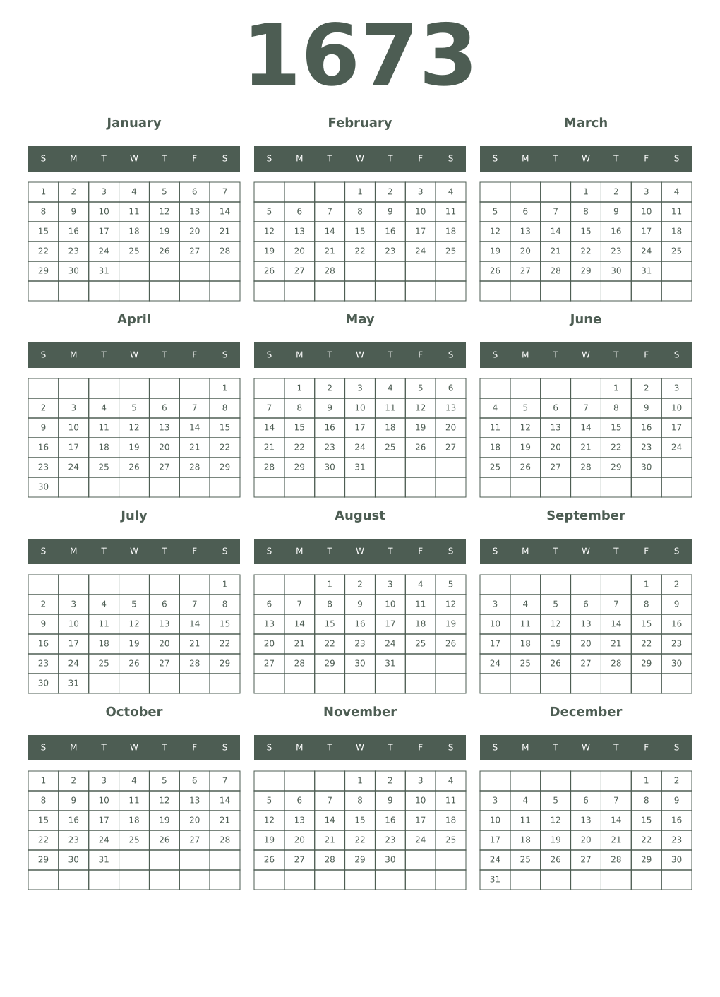 Printable 1673 Year Calendars feldgrau