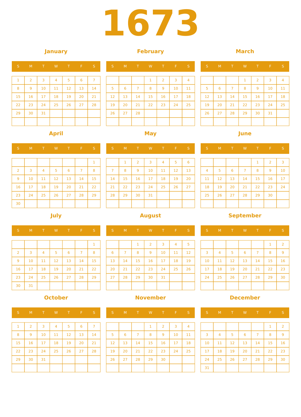 Printable 1673 Year Calendars gamboge