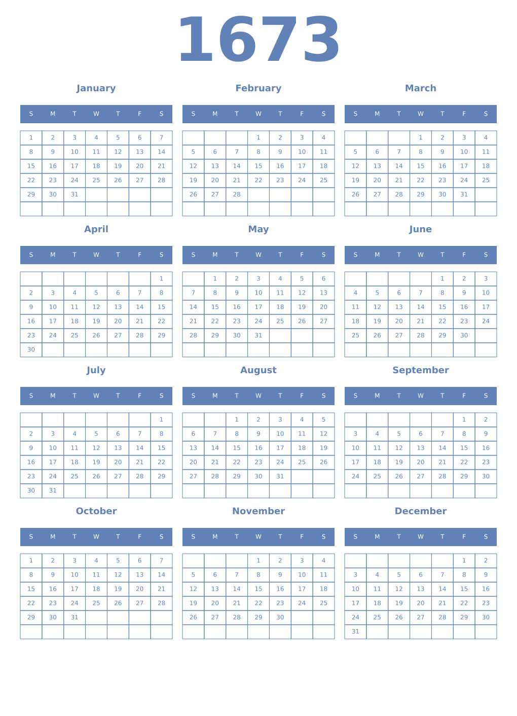 Printable 1673 Year Calendars glaucous