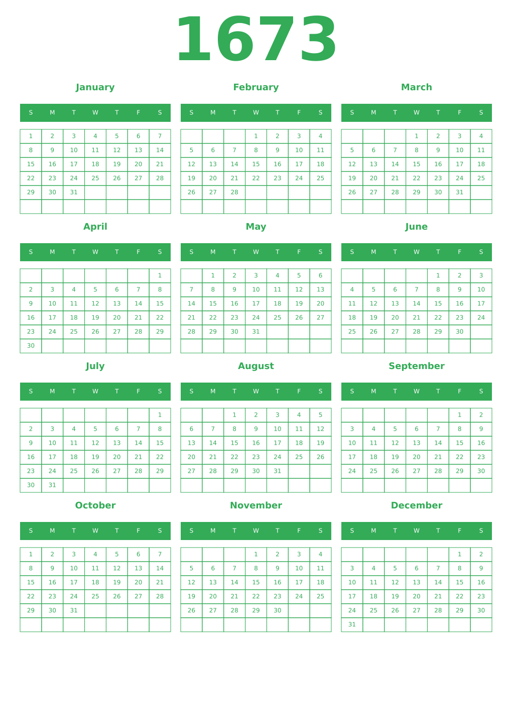 Printable 1673 Year Calendars green