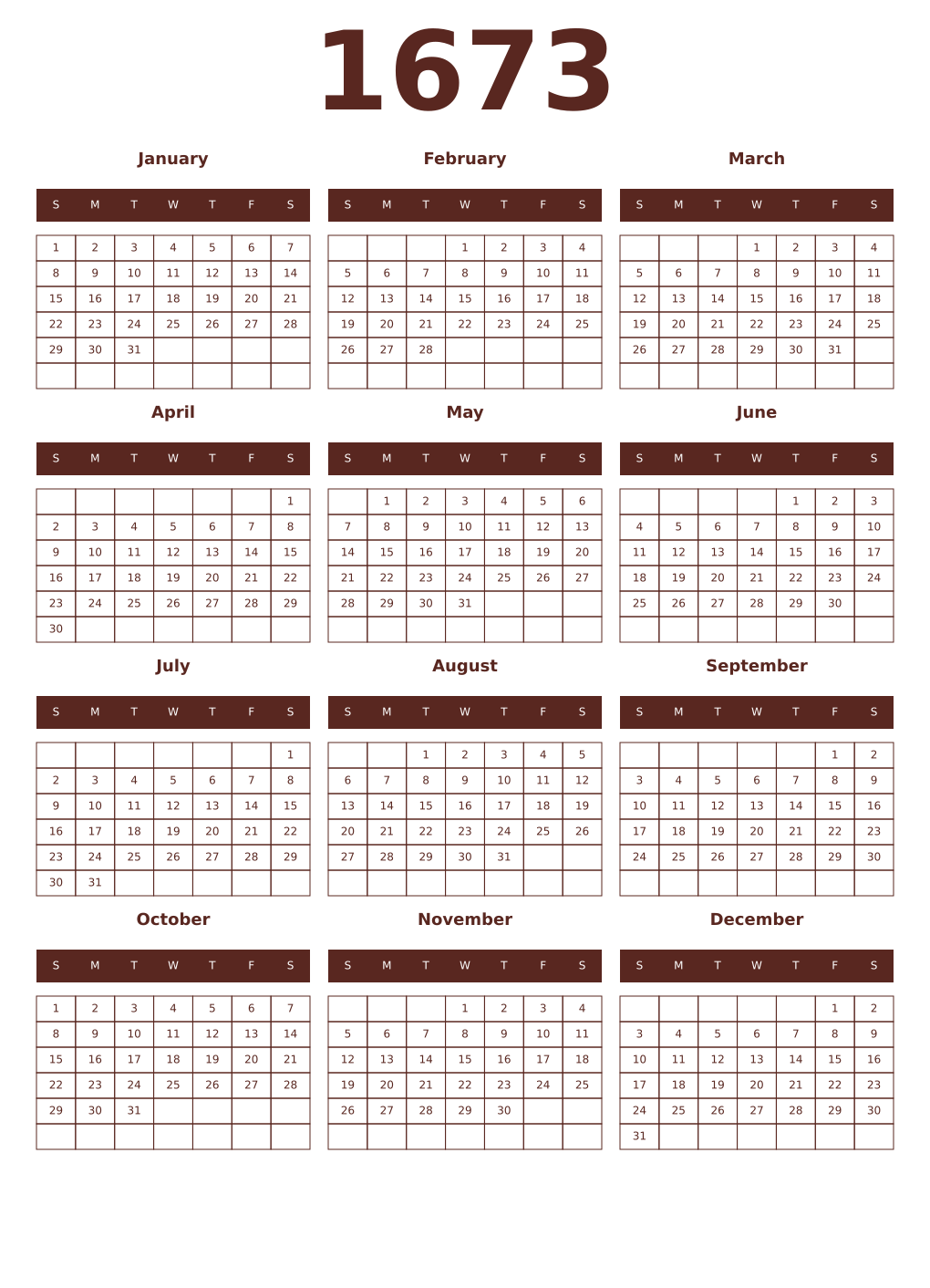 Printable 1673 Year Calendars mortuum
