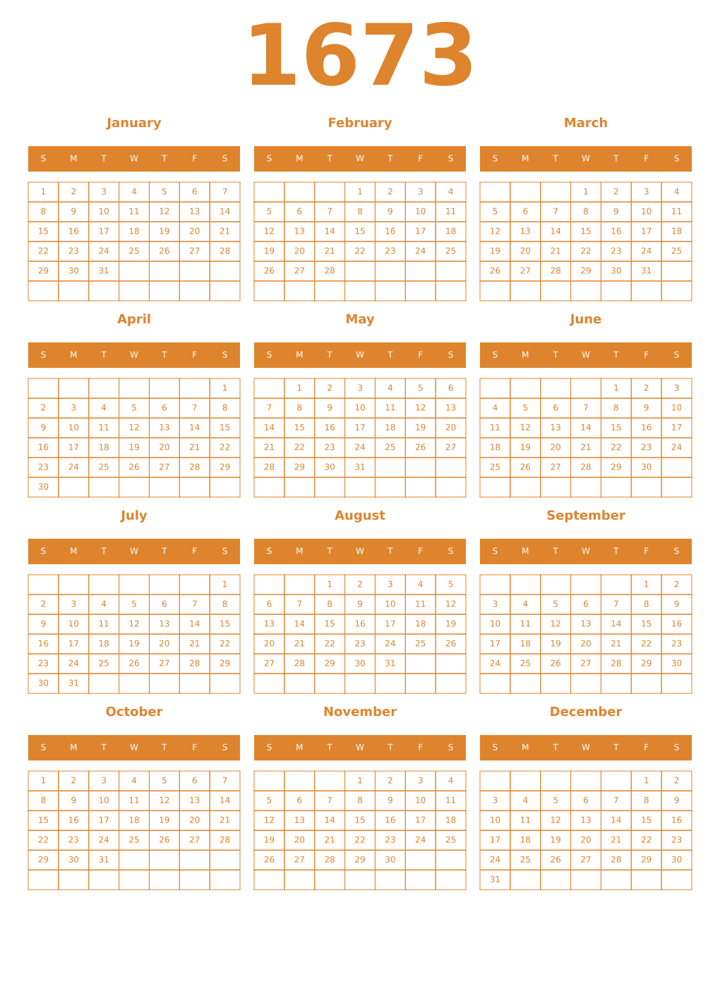 Printable 1673 Year Calendars orange