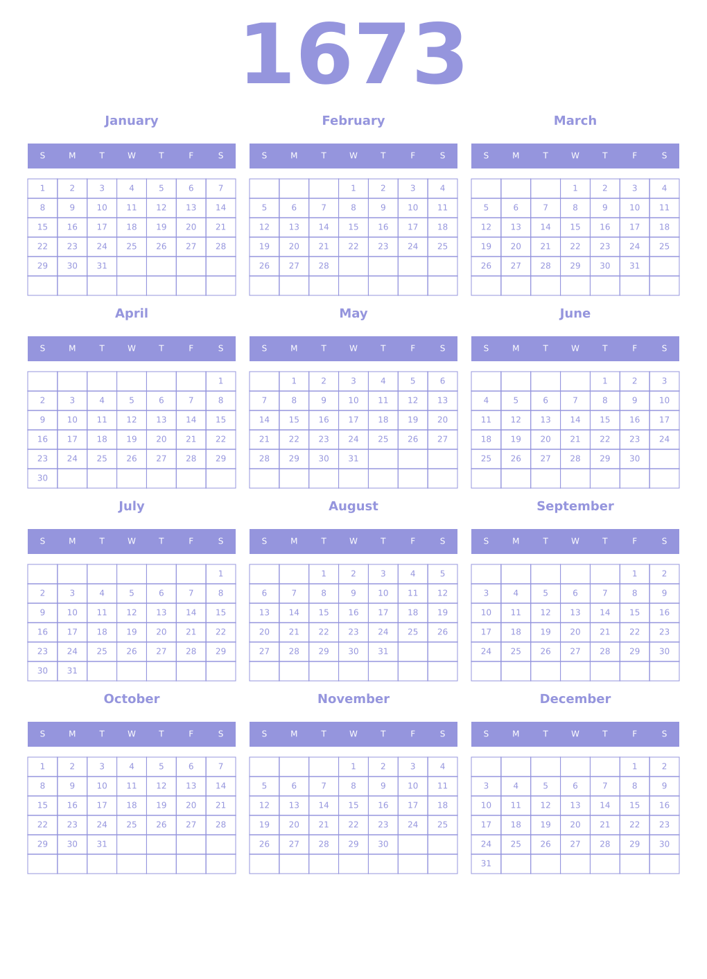 Printable 1673 Year Calendars periwinkle