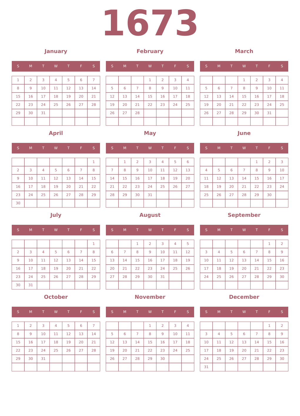 Printable 1673 Year Calendars puce