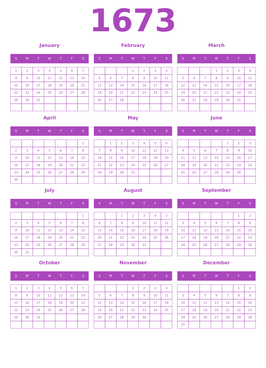 Printable 1673 Year Calendars purple