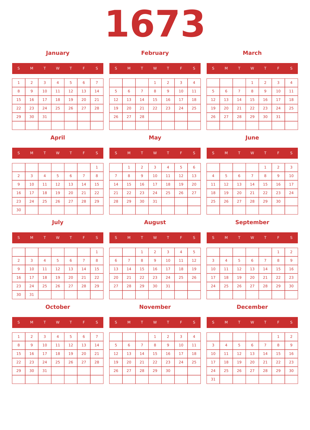 Printable 1673 Year Calendars red
