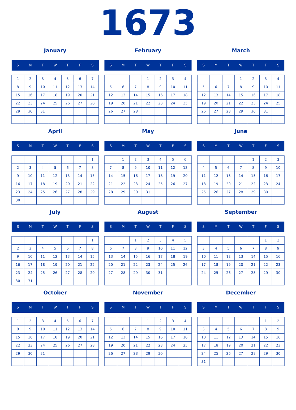 Printable 1673 Year Calendars smalt