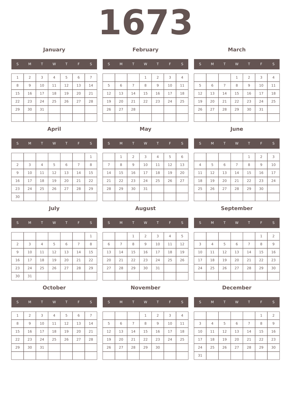 Printable 1673 Year Calendars wenge