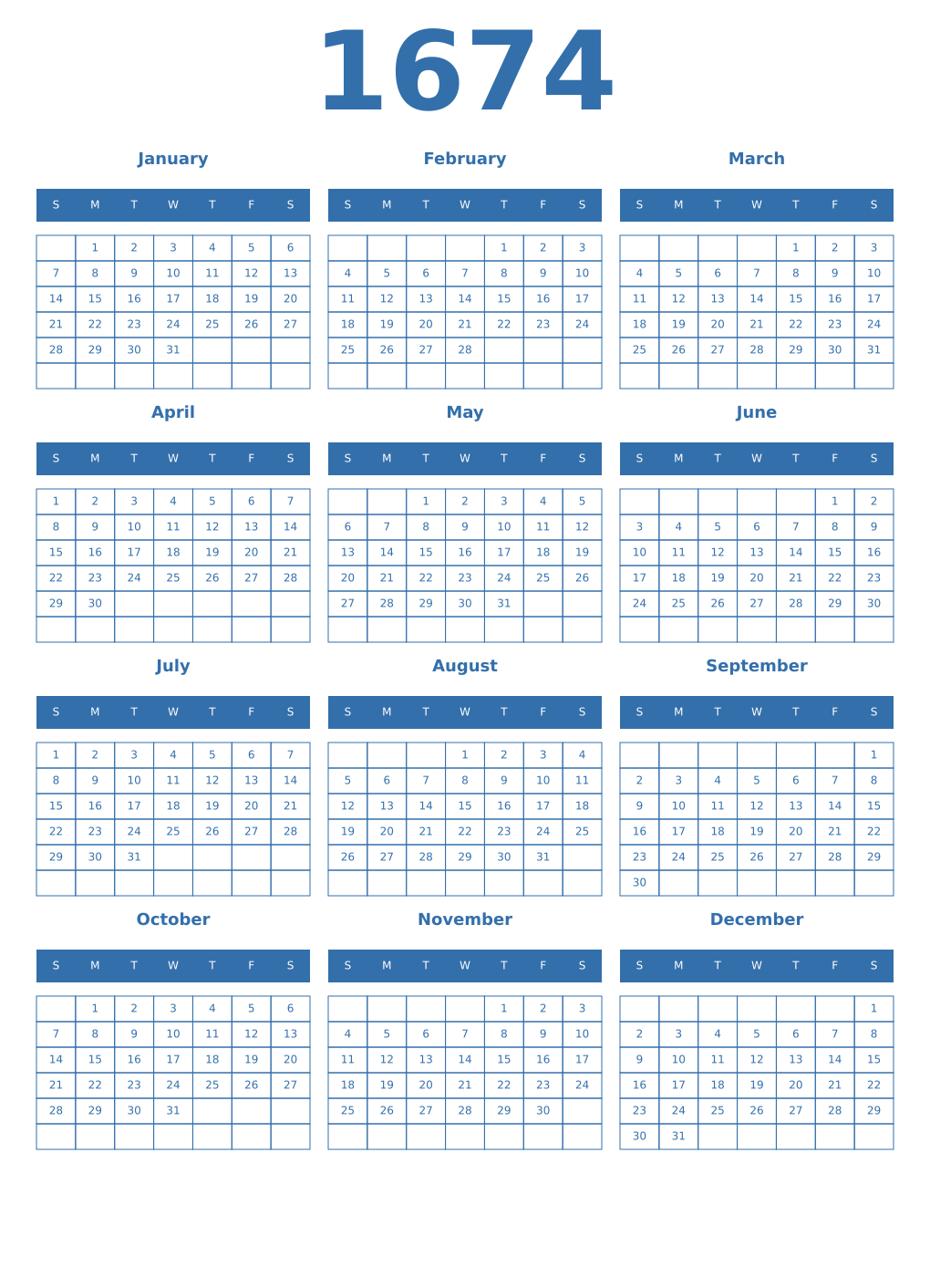Printable 1674 Year Calendars blue