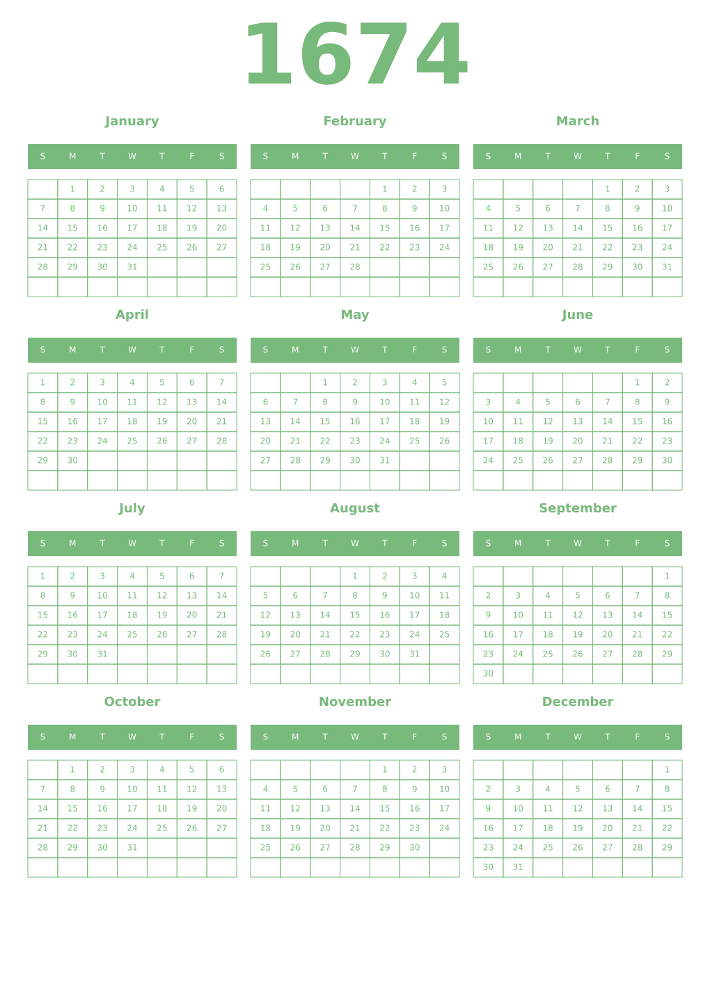 Printable 1674 Year Calendars celadon