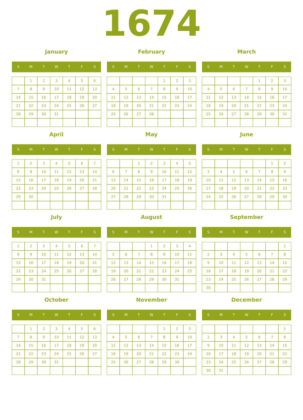 Printable 1674 Year Calendars chartreuse