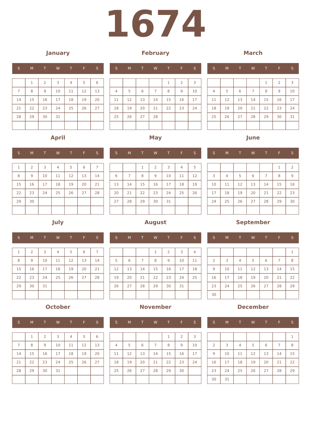 Printable 1674 Year Calendars coffe