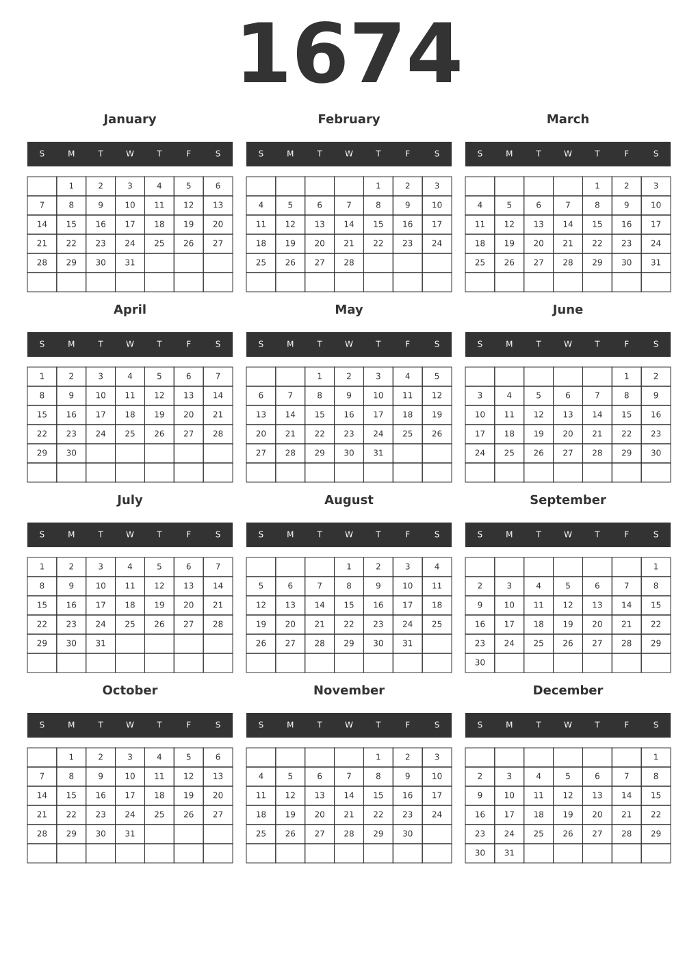 Printable 1674 Year Calendars dark