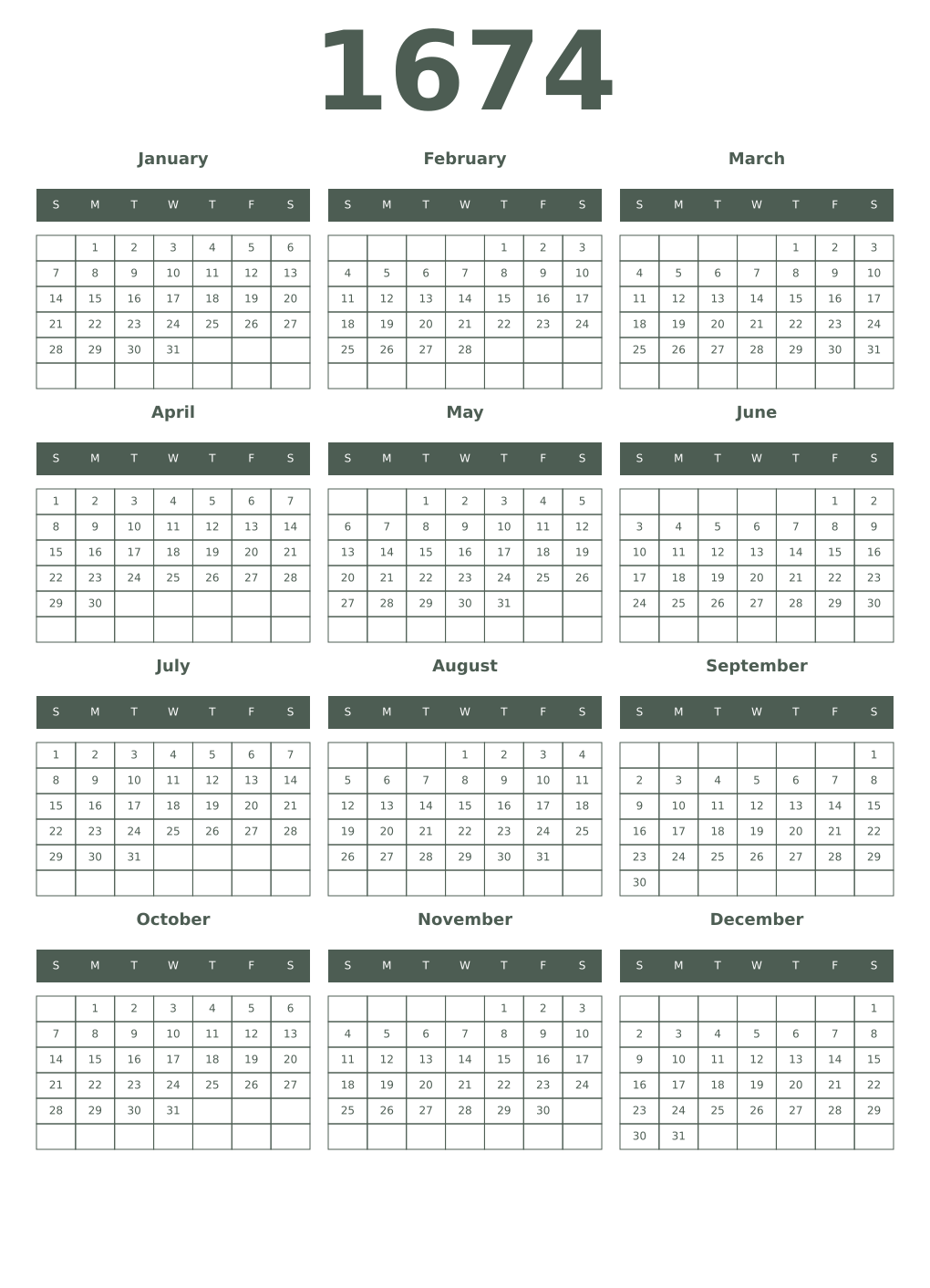 Printable 1674 Year Calendars feldgrau