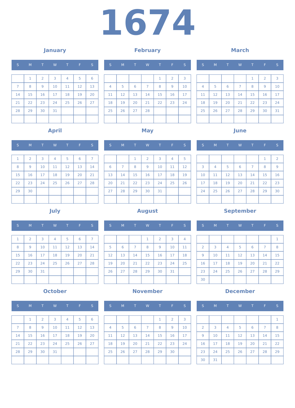 Printable 1674 Year Calendars glaucous