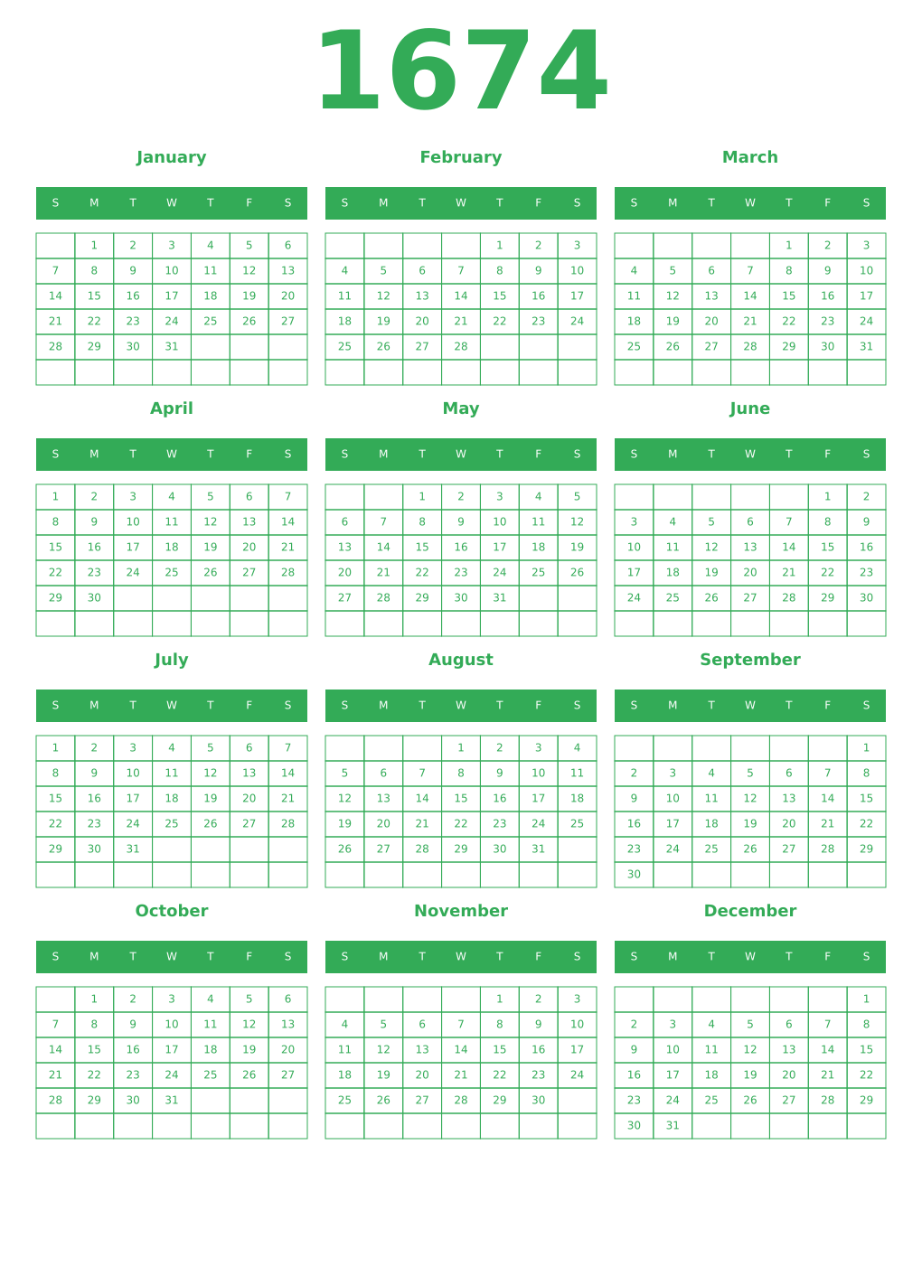 Printable 1674 Year Calendars green