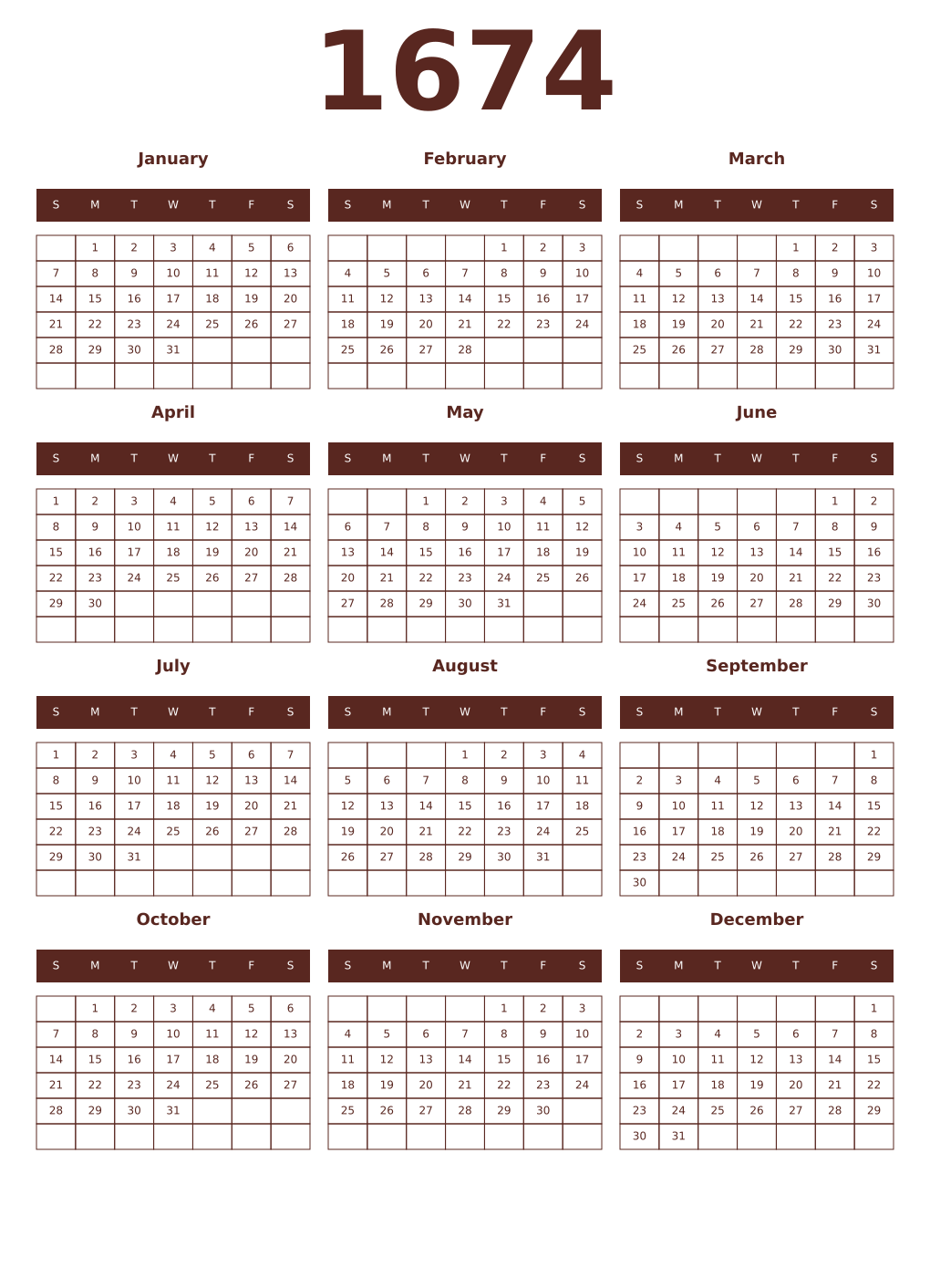Printable 1674 Year Calendars mortuum