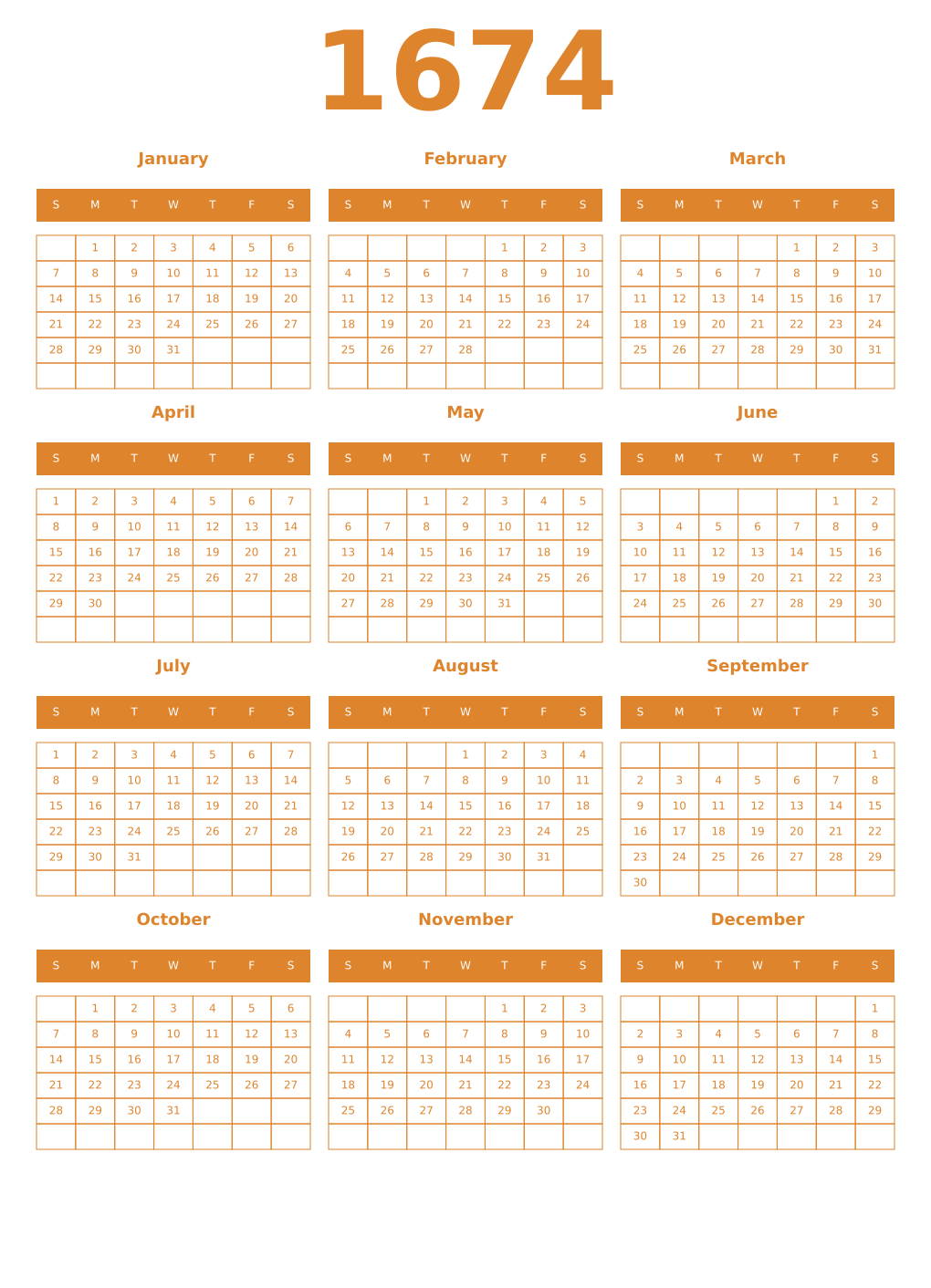 Printable 1674 Year Calendars orange