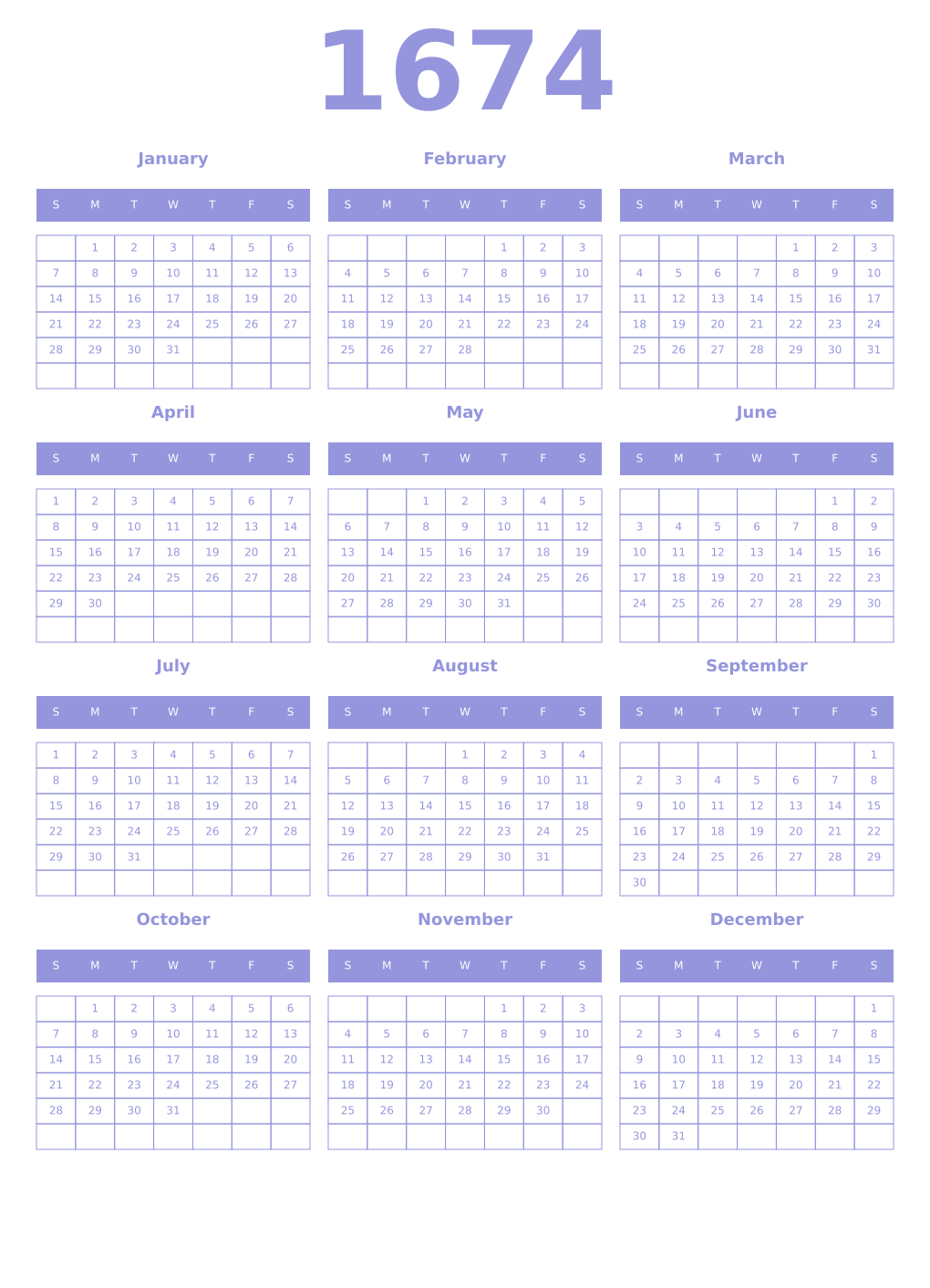 Printable 1674 Year Calendars periwinkle