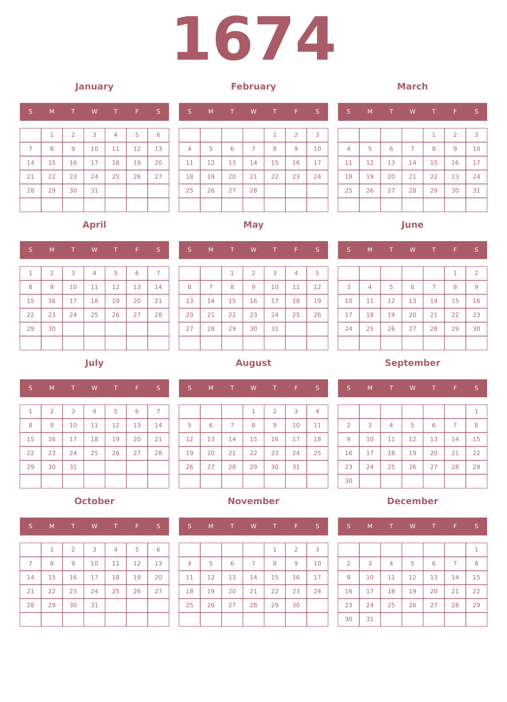 Printable 1674 Year Calendars puce
