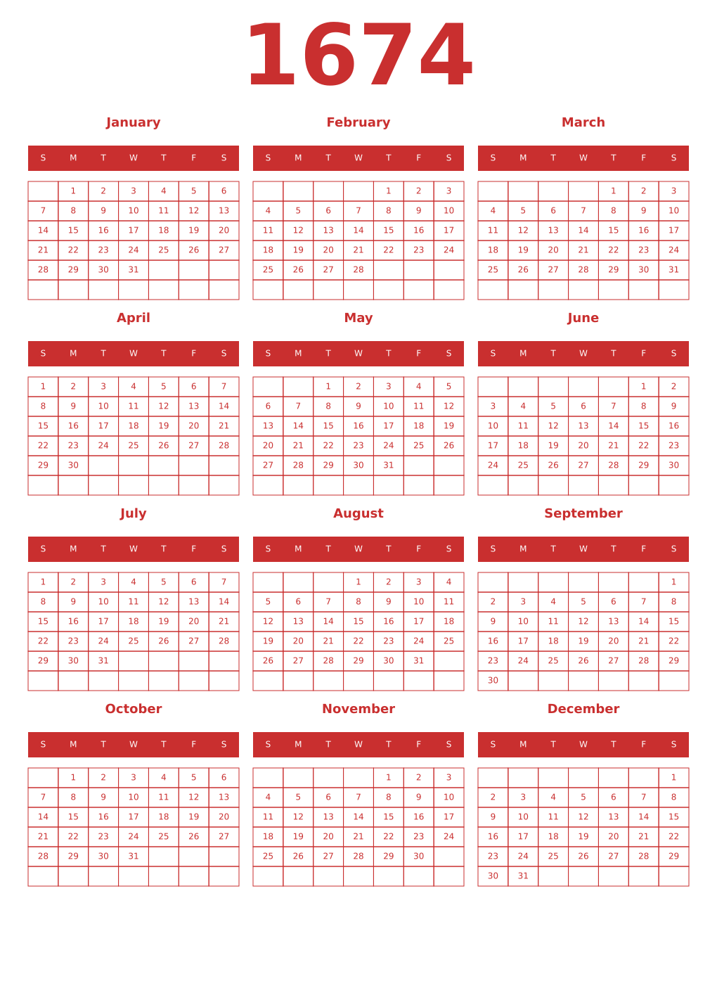 Printable 1674 Year Calendars red