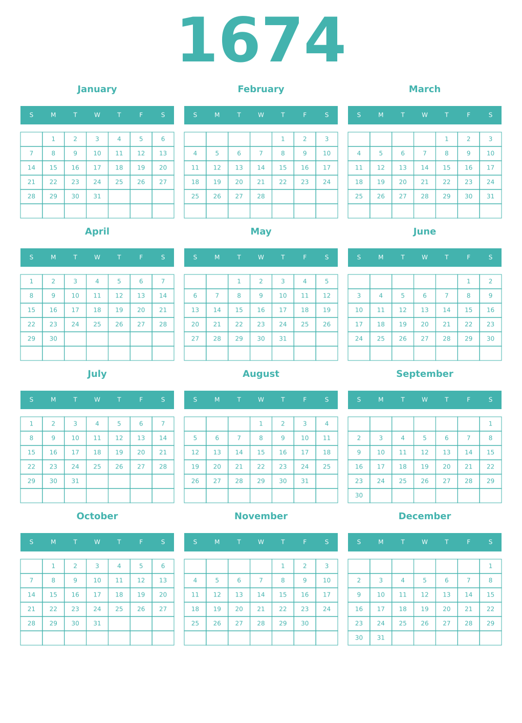 Printable 1674 Year Calendars verdigris