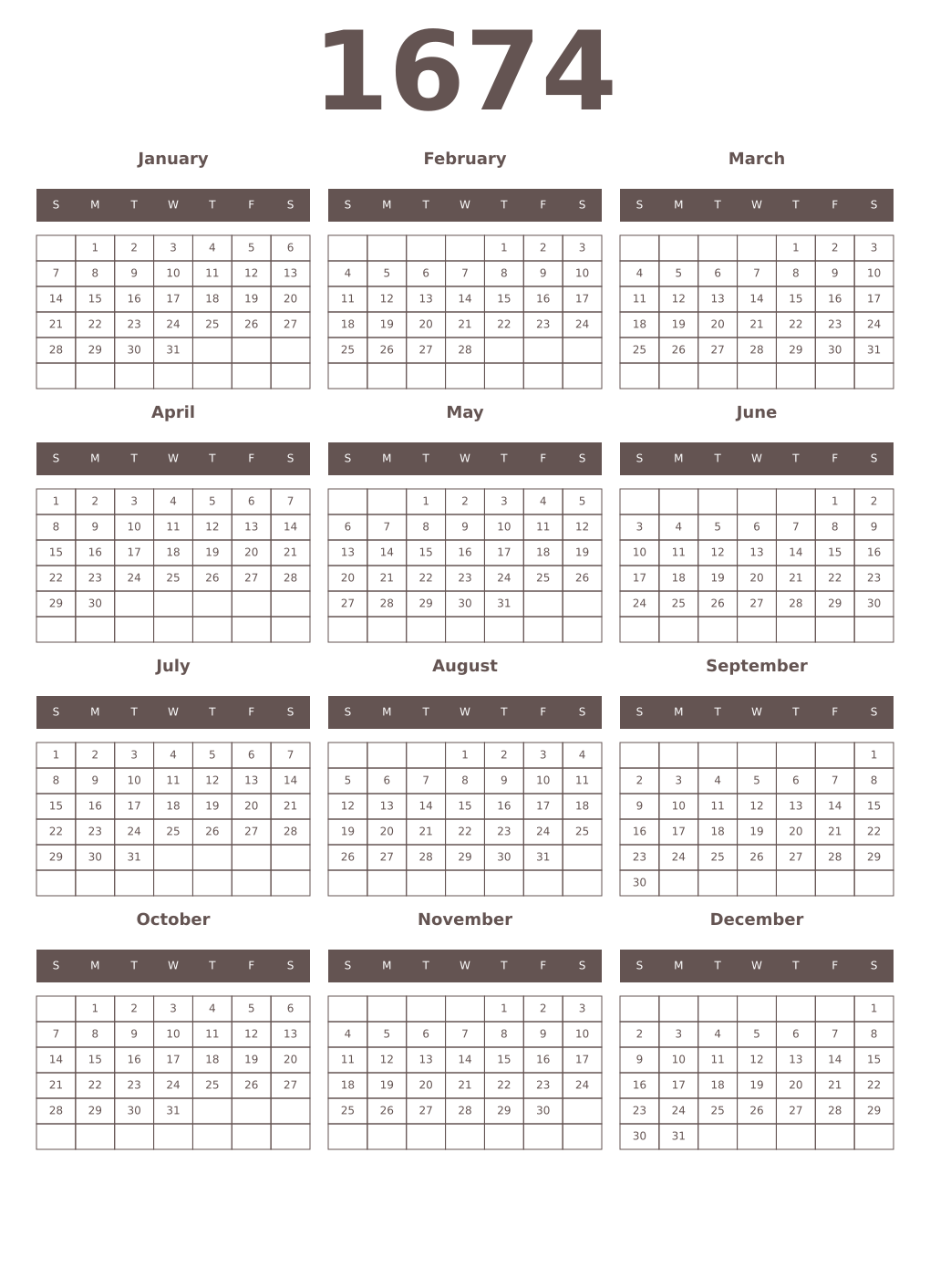 Printable 1674 Year Calendars wenge