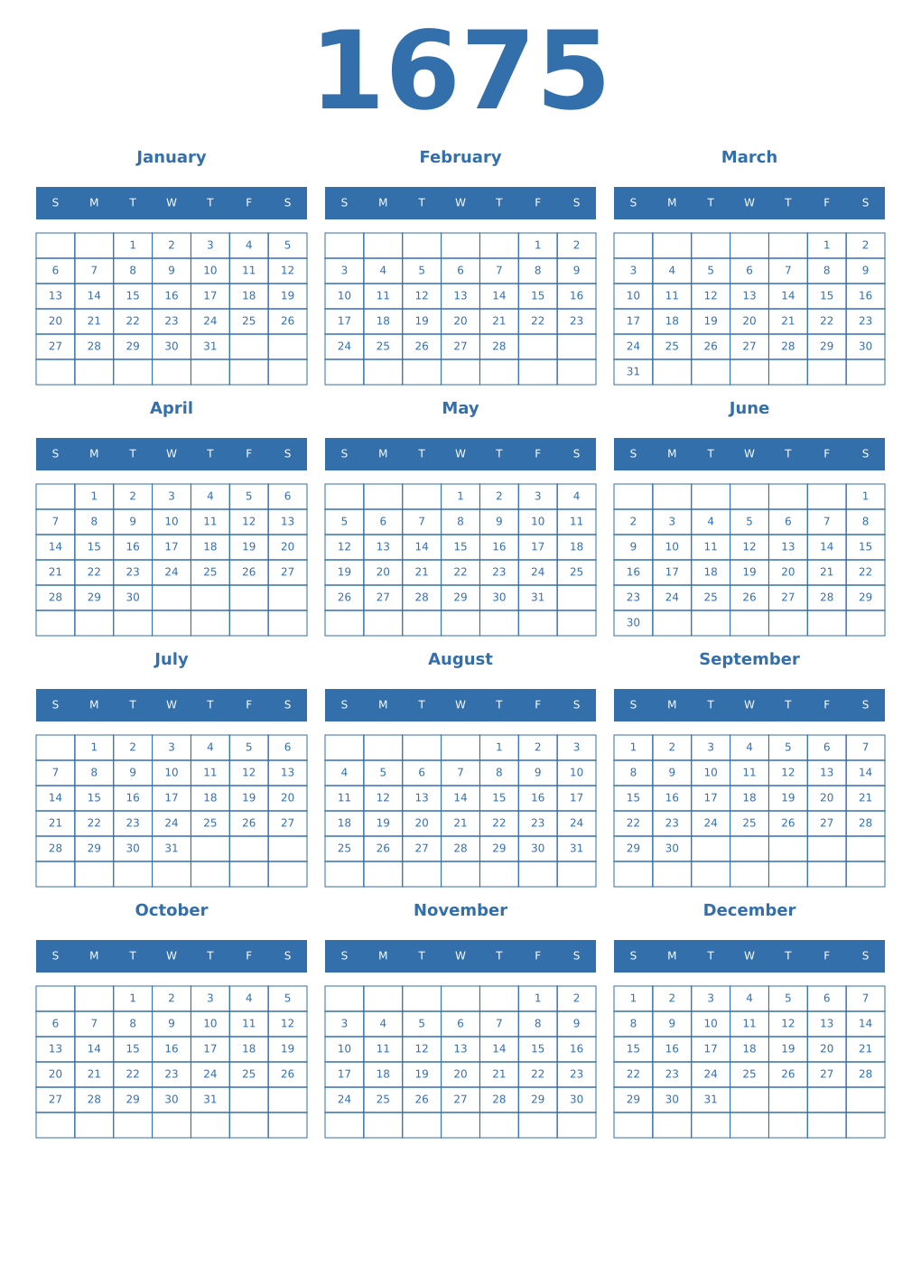 Printable 1675 Year Calendars blue