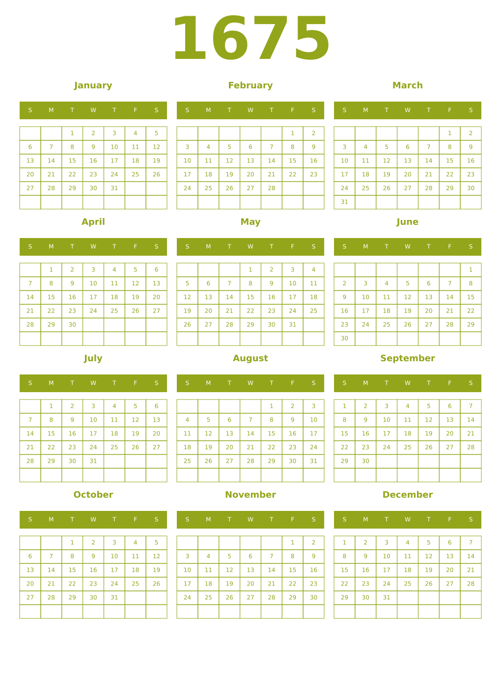 Printable 1675 Year Calendars chartreuse