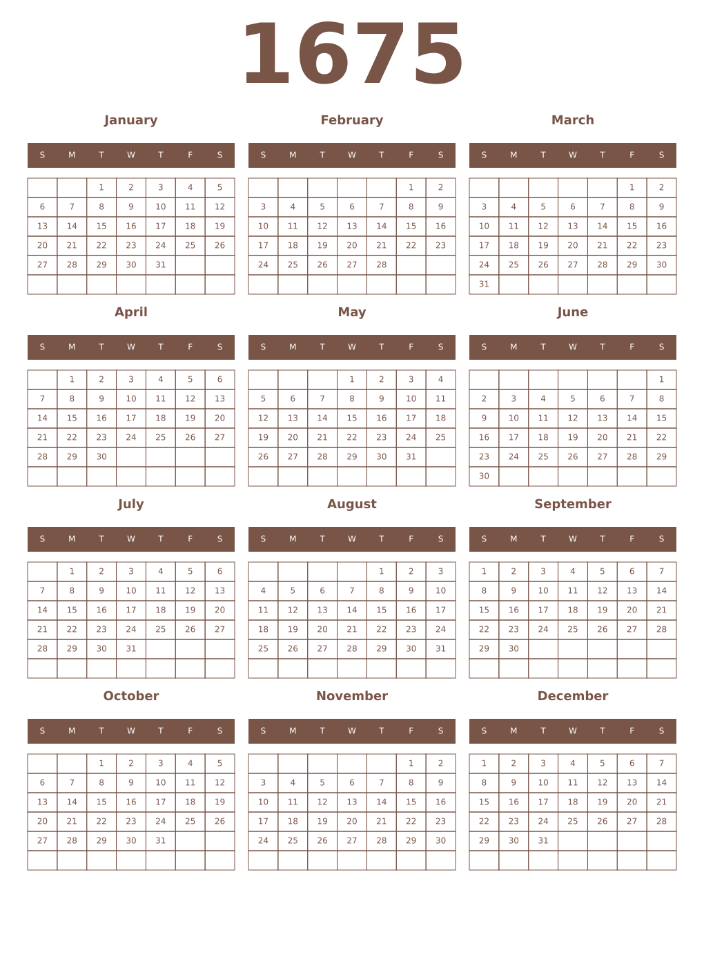 Printable 1675 Year Calendars coffe