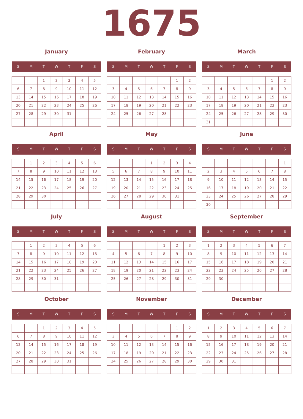 Printable 1675 Year Calendars cordovan