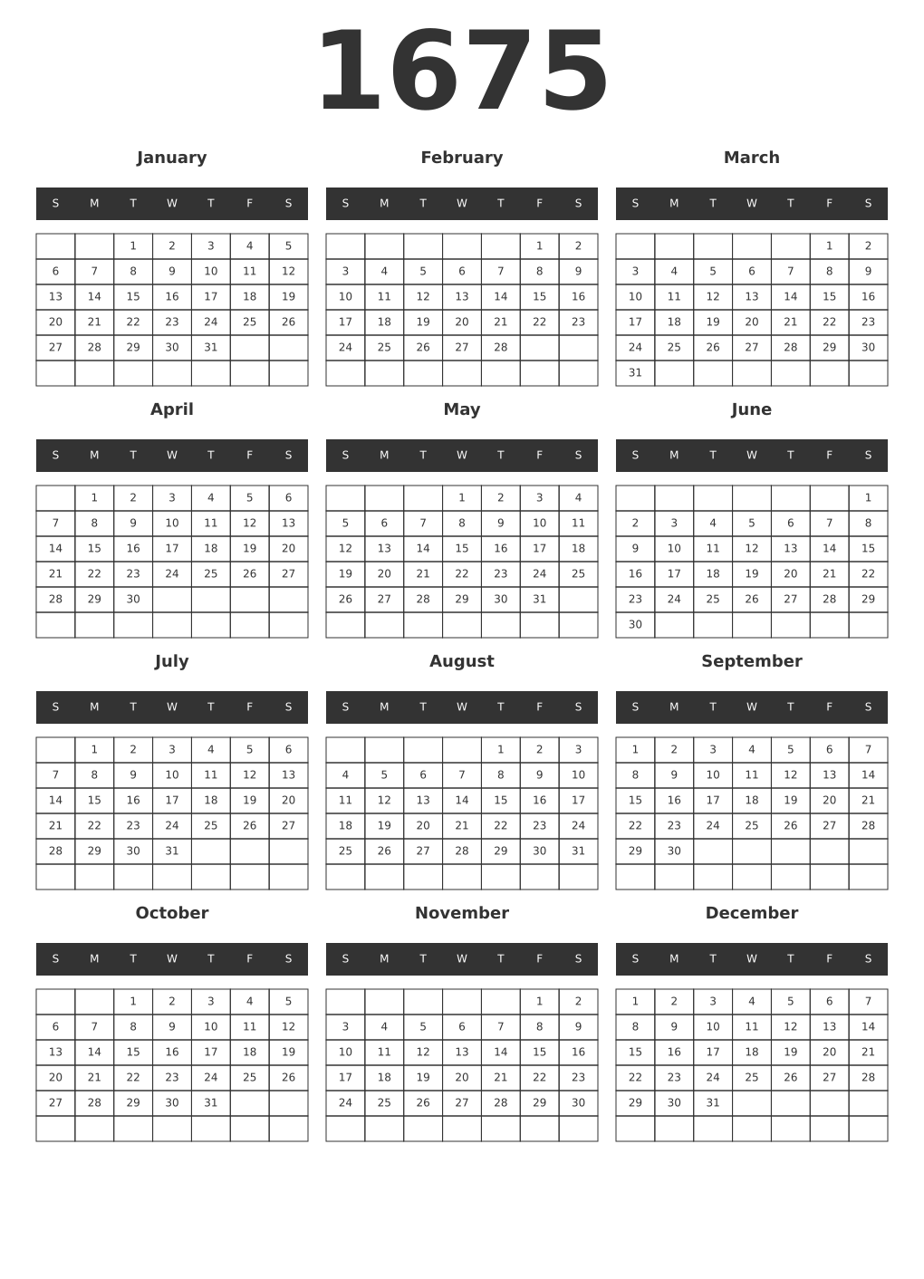 Printable 1675 Year Calendars dark