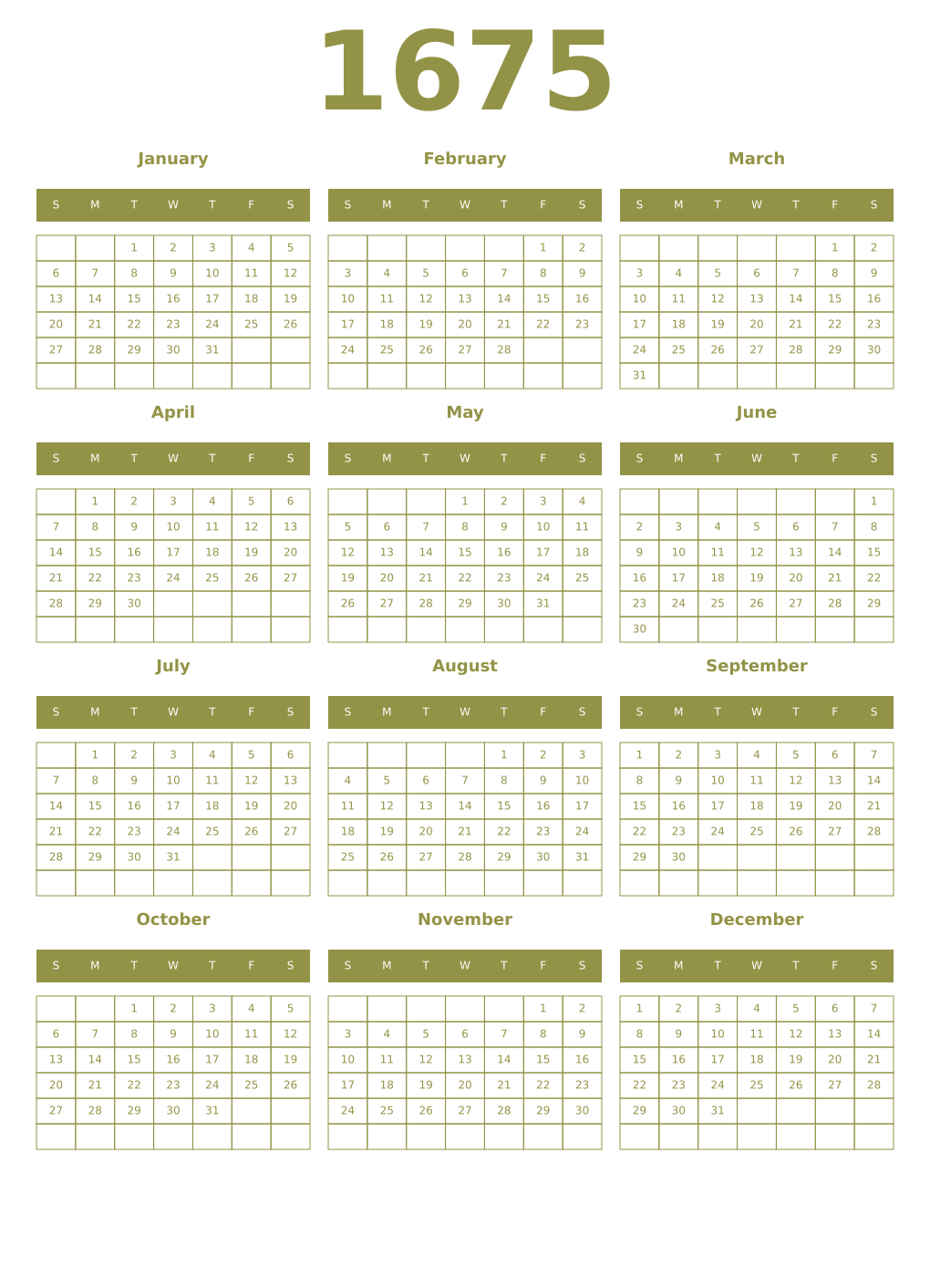 Printable 1675 Year Calendars eburnean