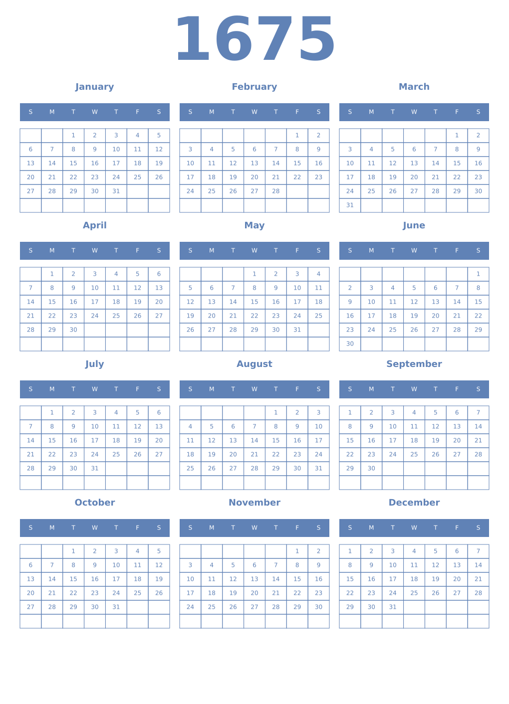 Printable 1675 Year Calendars glaucous
