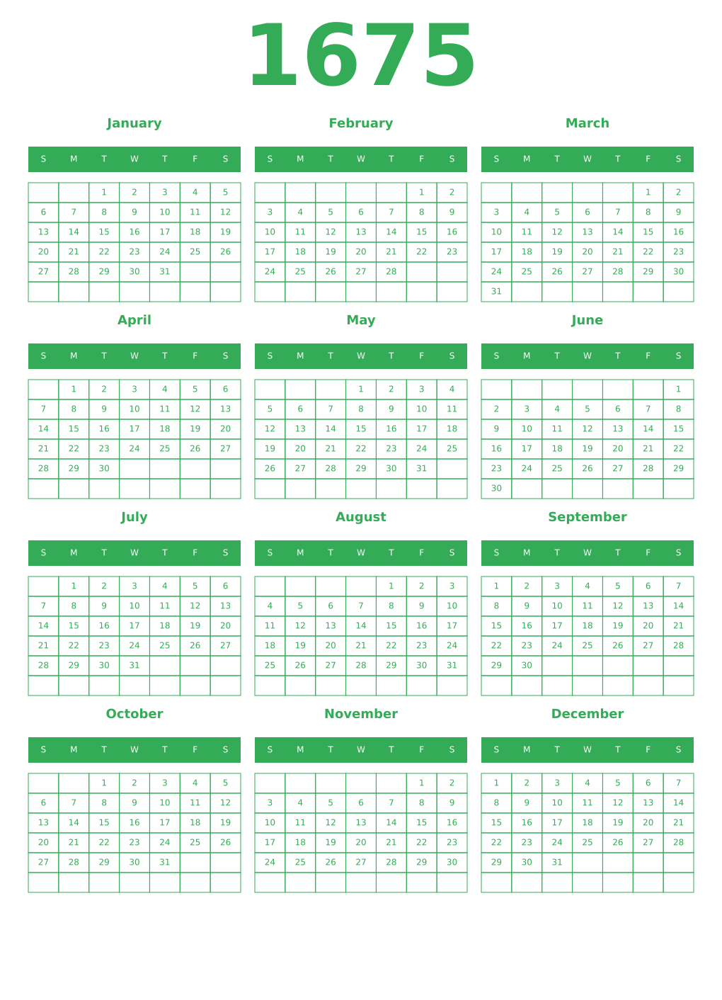 Printable 1675 Year Calendars green