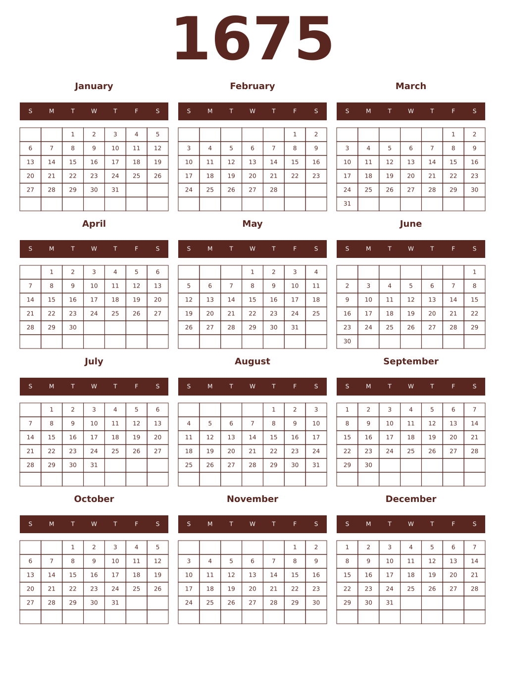 Printable 1675 Year Calendars mortuum