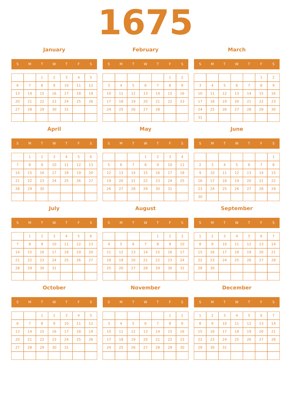 Printable 1675 Year Calendars orange