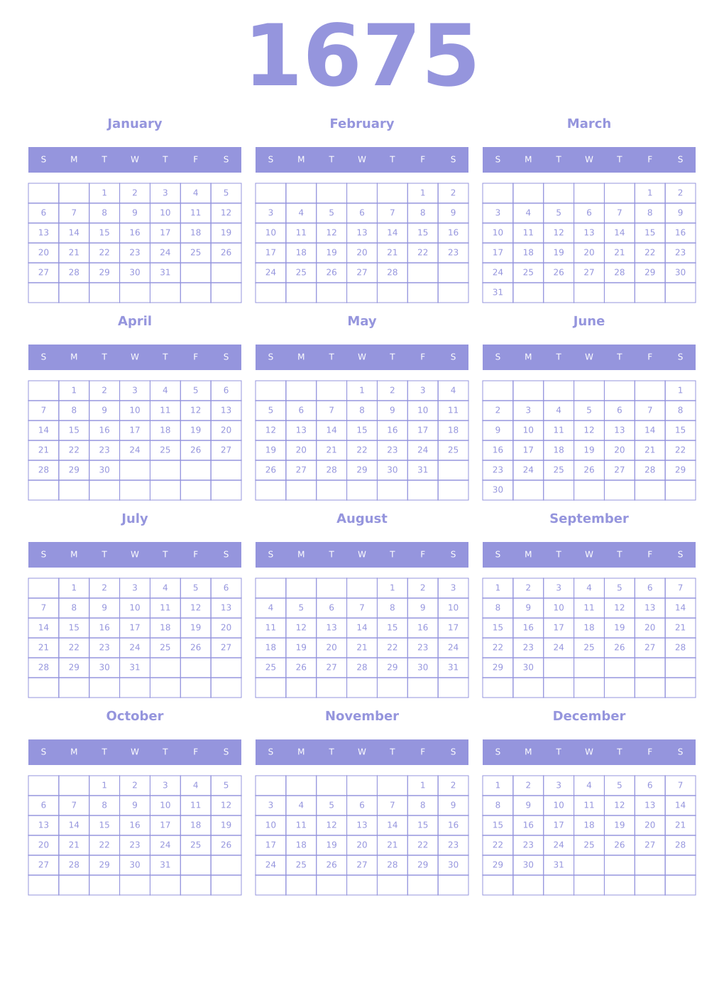Printable 1675 Year Calendars periwinkle
