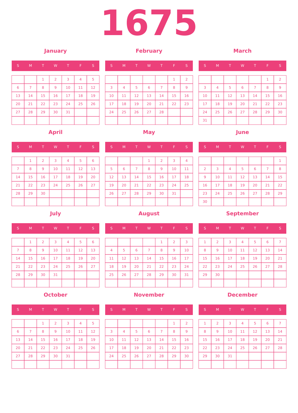 Printable 1675 Year Calendars pink